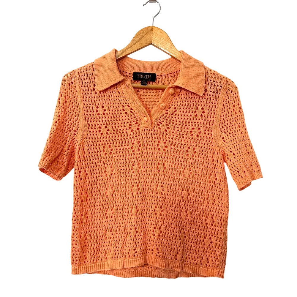 Truth by Republic Orange Crochet Open Knit Polo Shirt Short Sleeve Top Cotton M